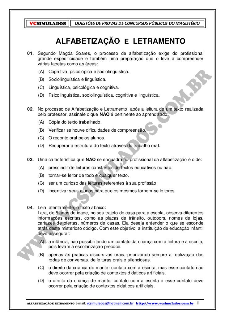alfabetizaÇÃo e letramento simulado com 50 questÕesvcsimulados questÕes de provas de concursos pÚblicos do magistÉrio